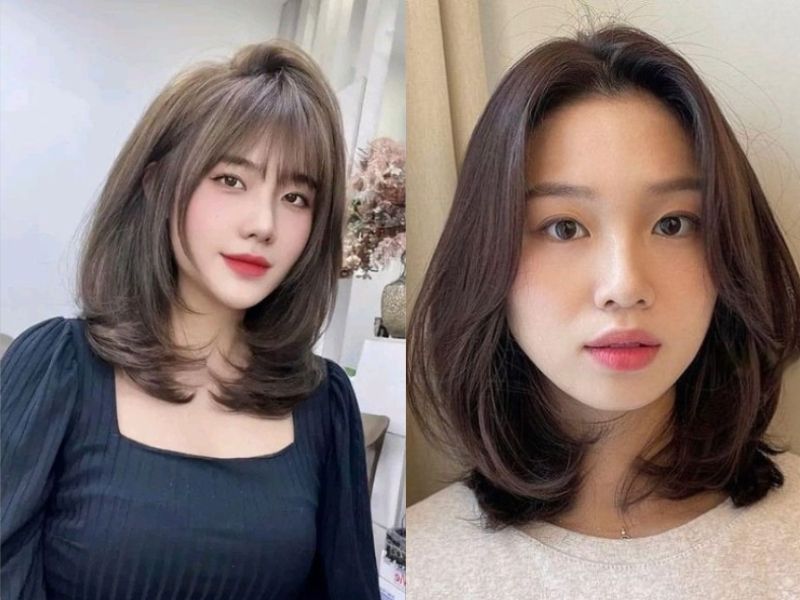 Tóc ngang vai layer uốn cụp